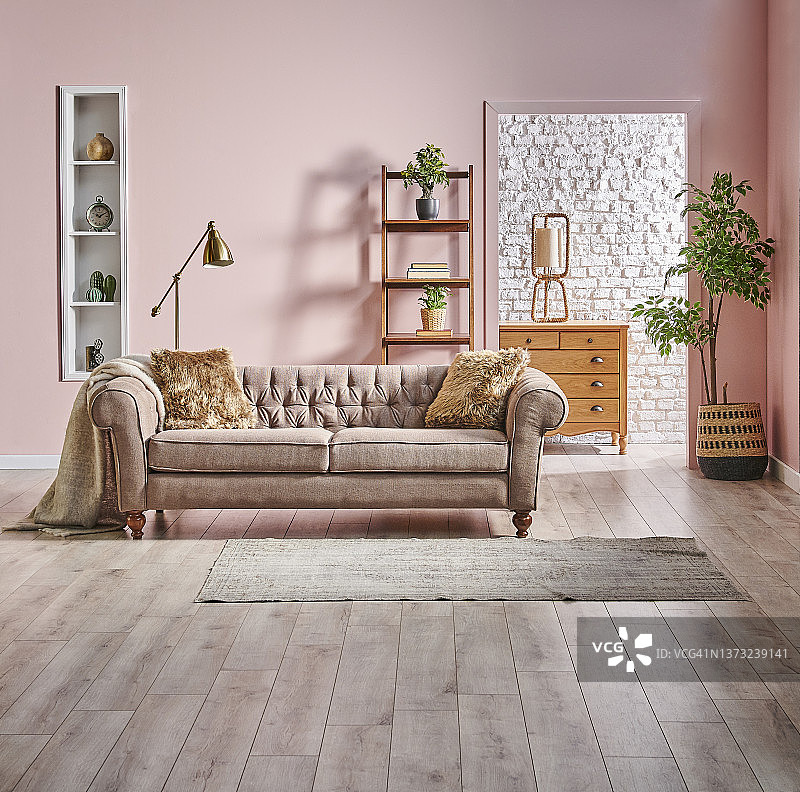装饰房间粉红色和白色砖墙概念扶手椅框架和植物。图片素材