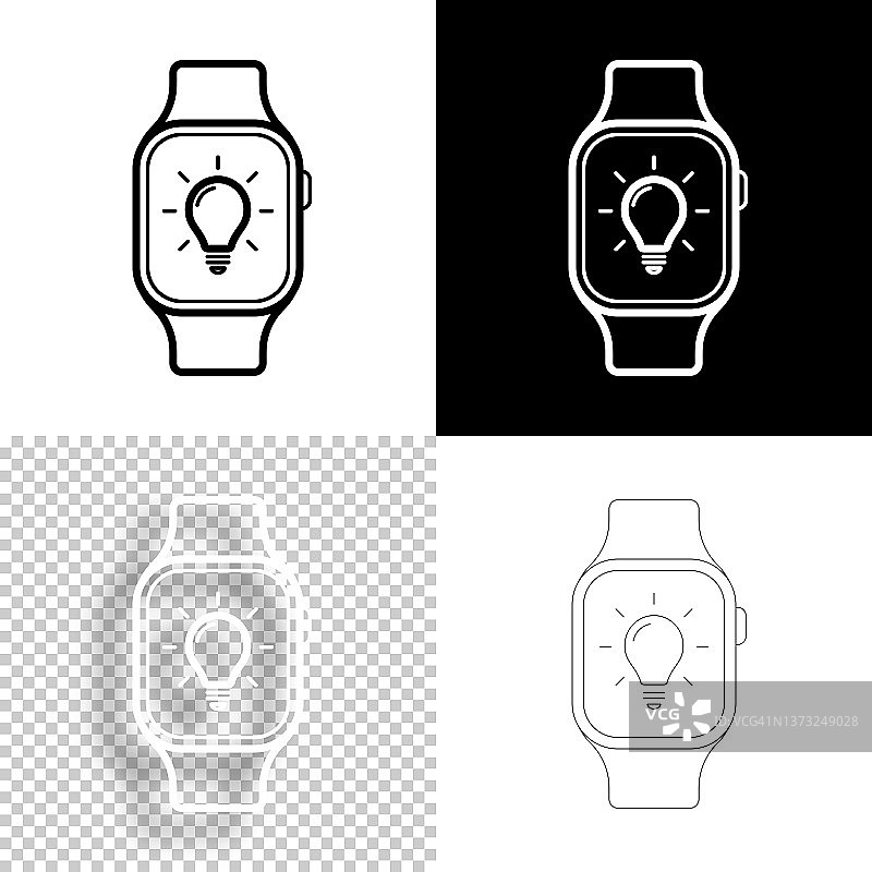带灯泡的智能手表。图标设计。空白，白色和黑色背景-线图标图片素材
