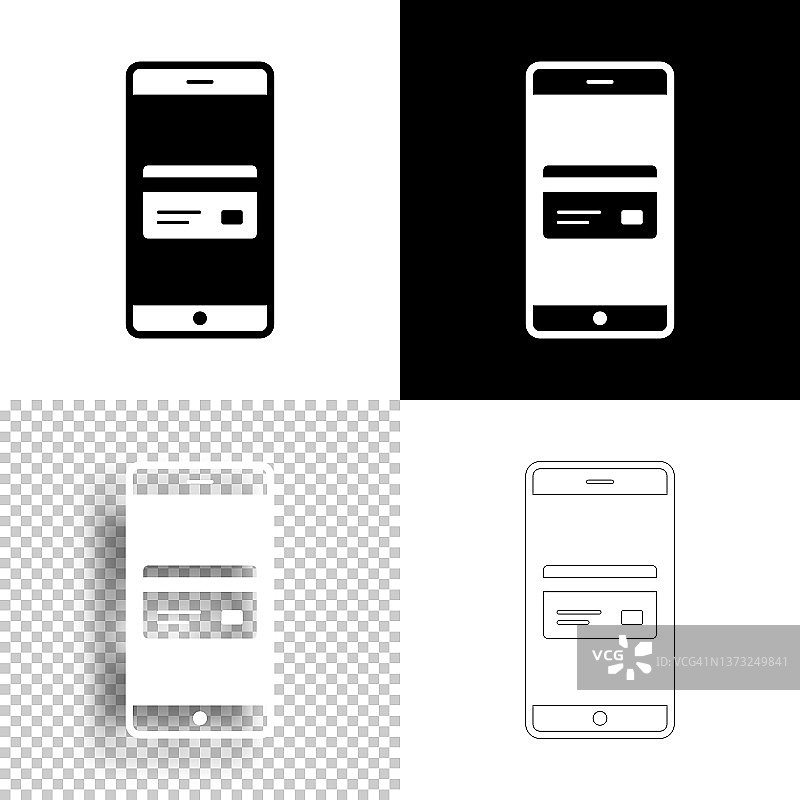 带信用卡的智能手机。图标设计。空白，白色和黑色背景-线图标图片素材