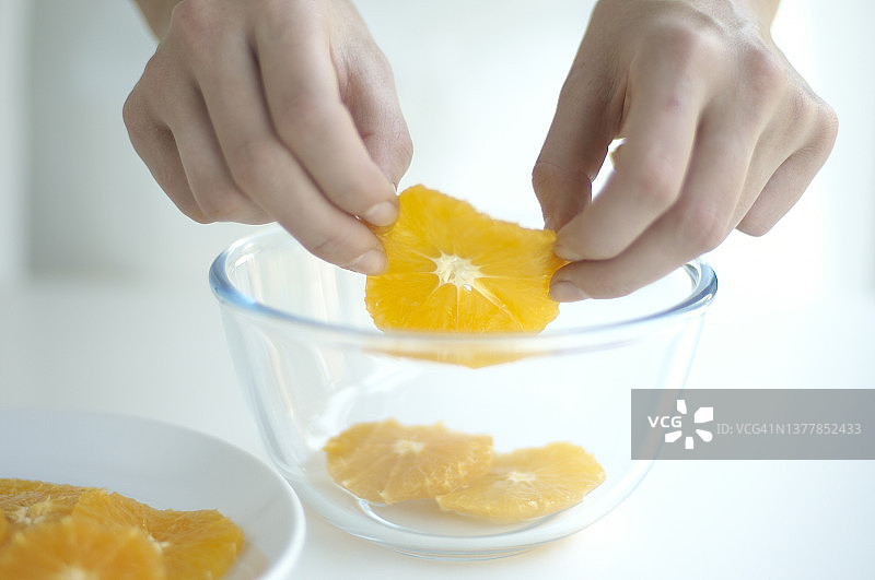 将橘子片放入碗中的手图片素材