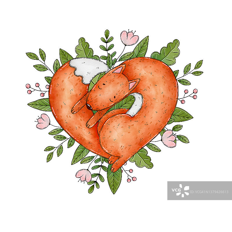 可爱的水彩睡在花和叶狐狸在心脏形状孤立在白色。情人节贺卡，海报设计图片素材