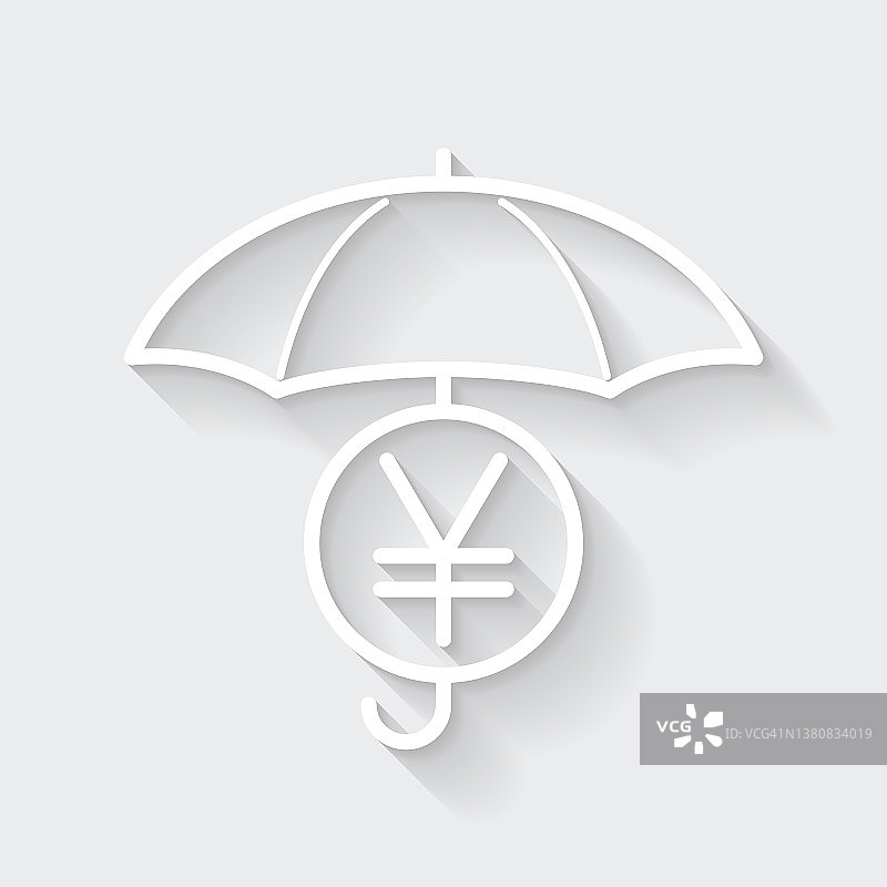 雨伞下的日元硬币。图标与空白背景上的长阴影-平面设计图片素材