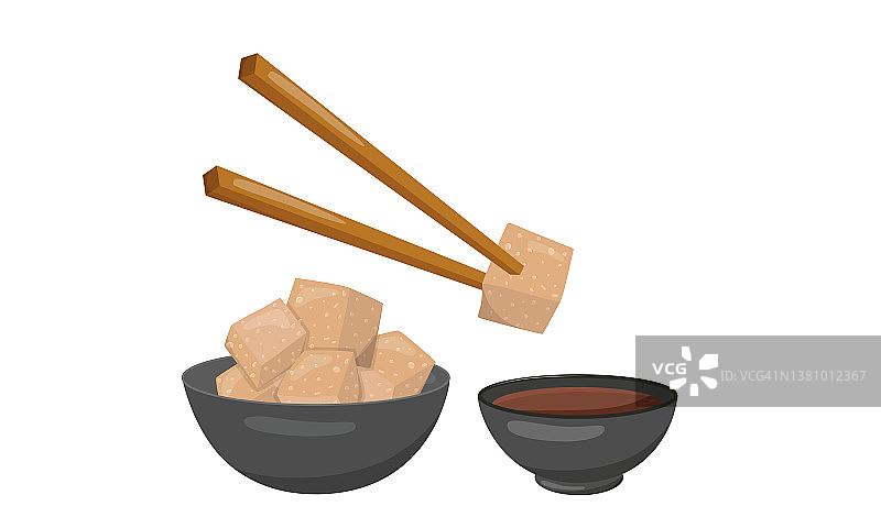 豆腐碗，筷子和酱油。图片素材