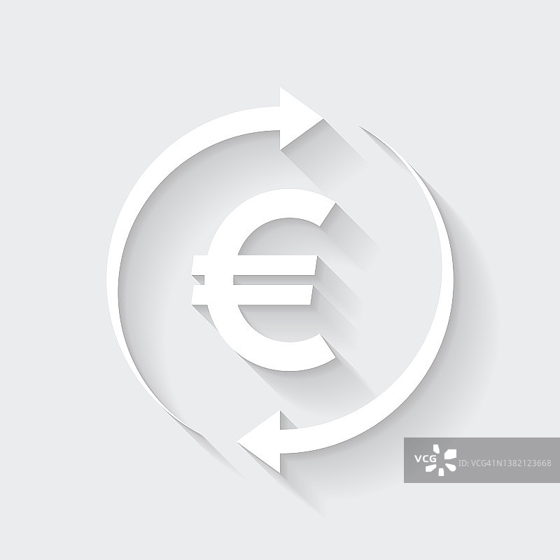 兑换和转账欧元。图标与空白背景上的长阴影-平面设计图片素材