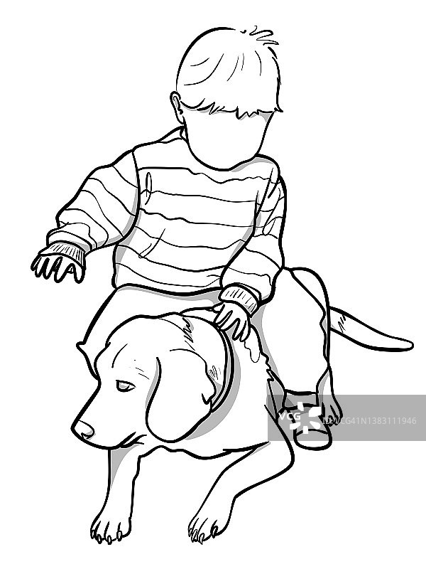 蹒跚学步的男孩和他耐心的狗素描图片素材