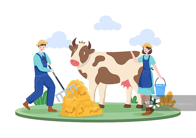 农民正在挤牛奶生产或获取牛奶与绿色草地或农场在插图平坦的风格图片素材