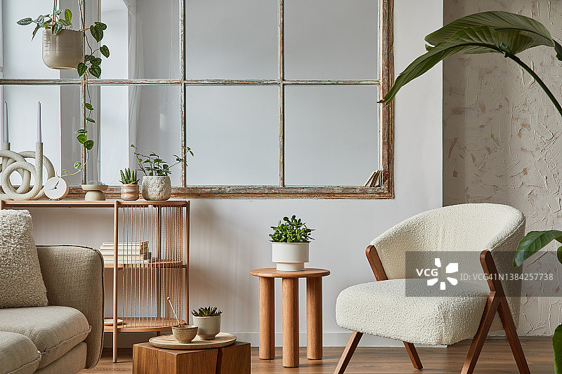 时尚的组合现代客厅室内frotte扶手椅，沙发，植物，木制马桶，边桌和优雅的家居配件。家里举办。模板。副本的空间。图片素材