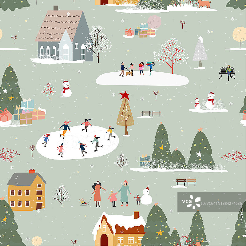 无缝模式冬季仙境景观在村庄，矢量插图快乐的孩子玩冰鞋在公园，无尽的冬季城市夜生活在圣诞节和2022年新年的背景图片素材