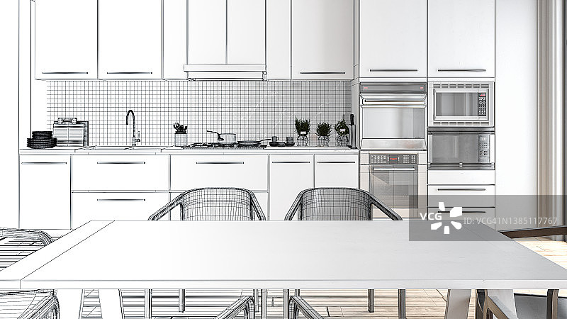 空的现代白色厨房和餐厅的窗户在一边，半蓝图半3D渲染图像图片素材