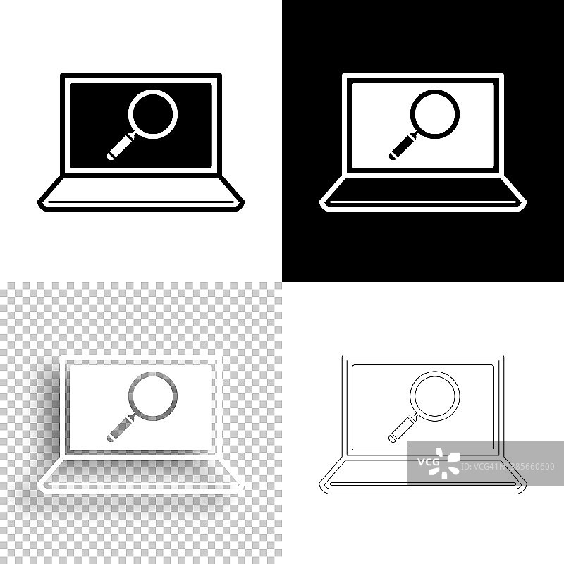 笔记本电脑上的放大镜。图标设计。空白，白色和黑色背景-线图标图片素材