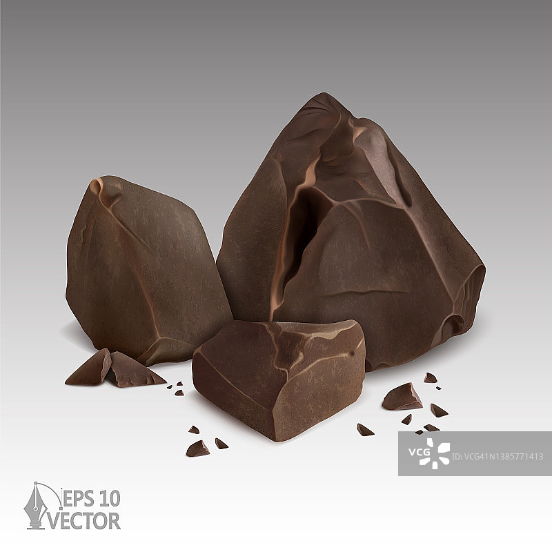 收集现实的巧克力块，破碎的碎屑，特写，可可，糖果，3d矢量图标图片素材