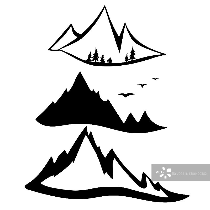 山，鸟和树。矢量图图片素材