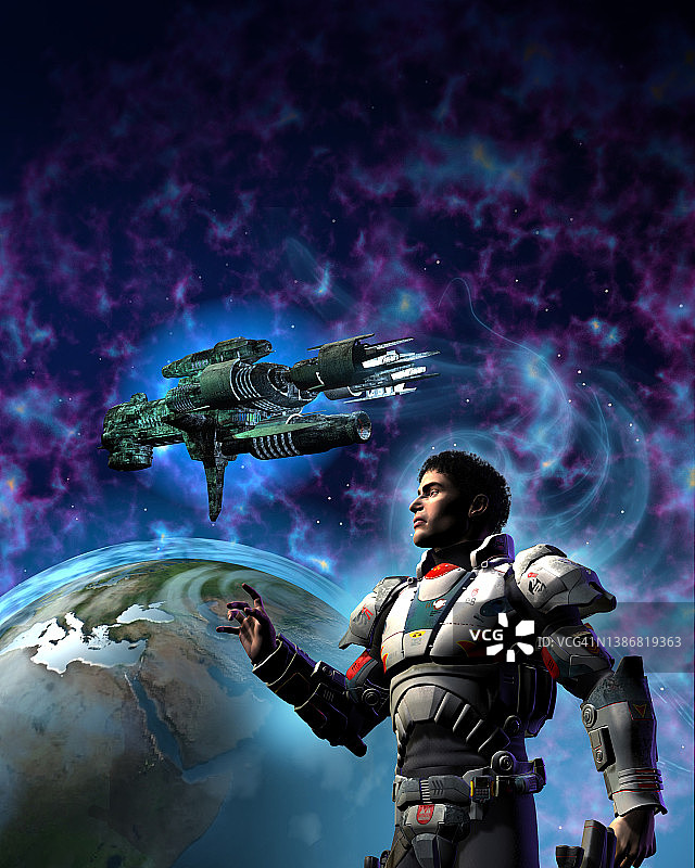太空中的未来战士和宇宙飞船，行星地球和星云，3d插图图片素材