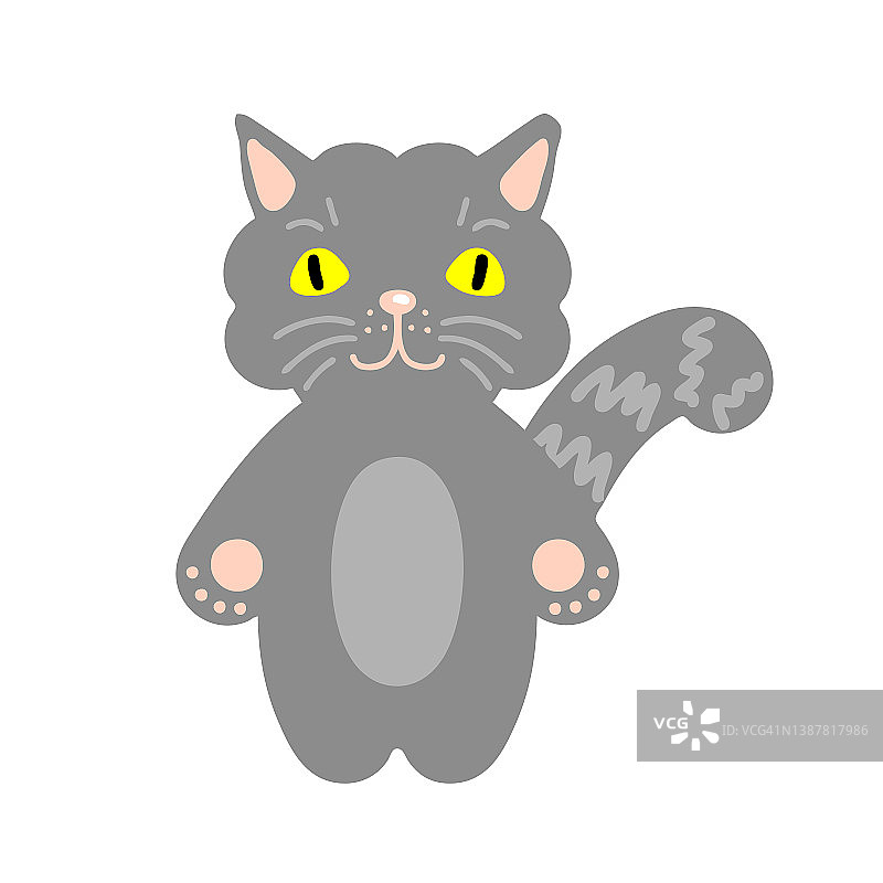 手绘矢量灰色猫插图。非常适合t恤、纺织品和印花。图片素材