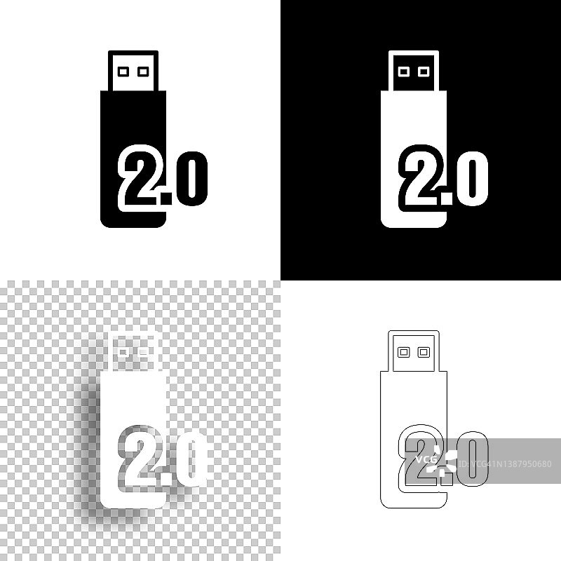 USB 2.0闪存盘。图标设计。空白，白色和黑色背景-线图标图片素材