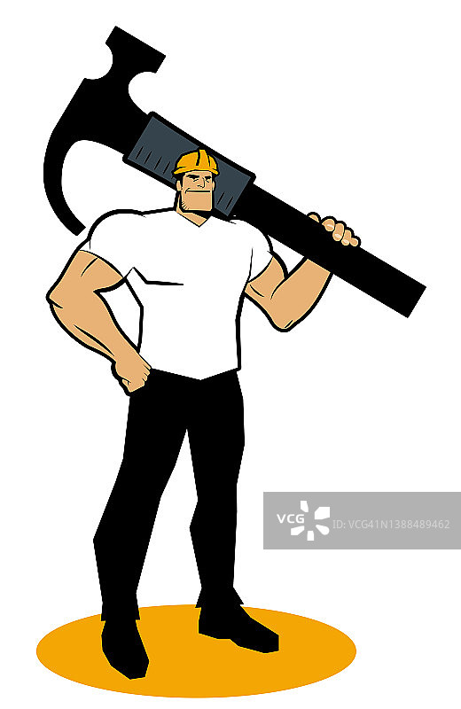 一个戴着安全帽的强壮工人微笑着站在那里，一只拳头放在臀部，肩上扛着一把羊角锤图片素材