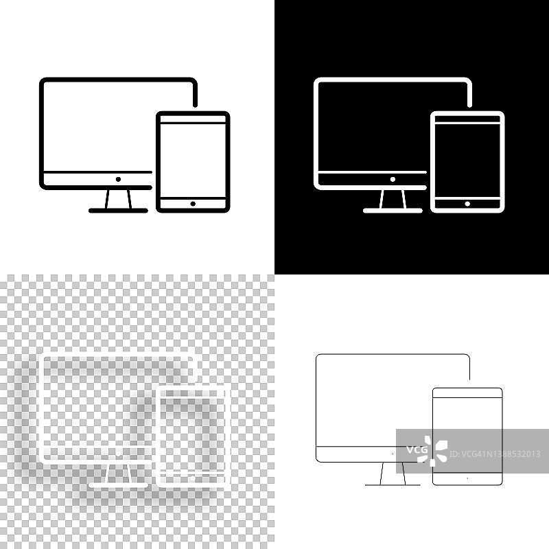 台式电脑和平板电脑。图标设计。空白，白色和黑色背景-线图标图片素材