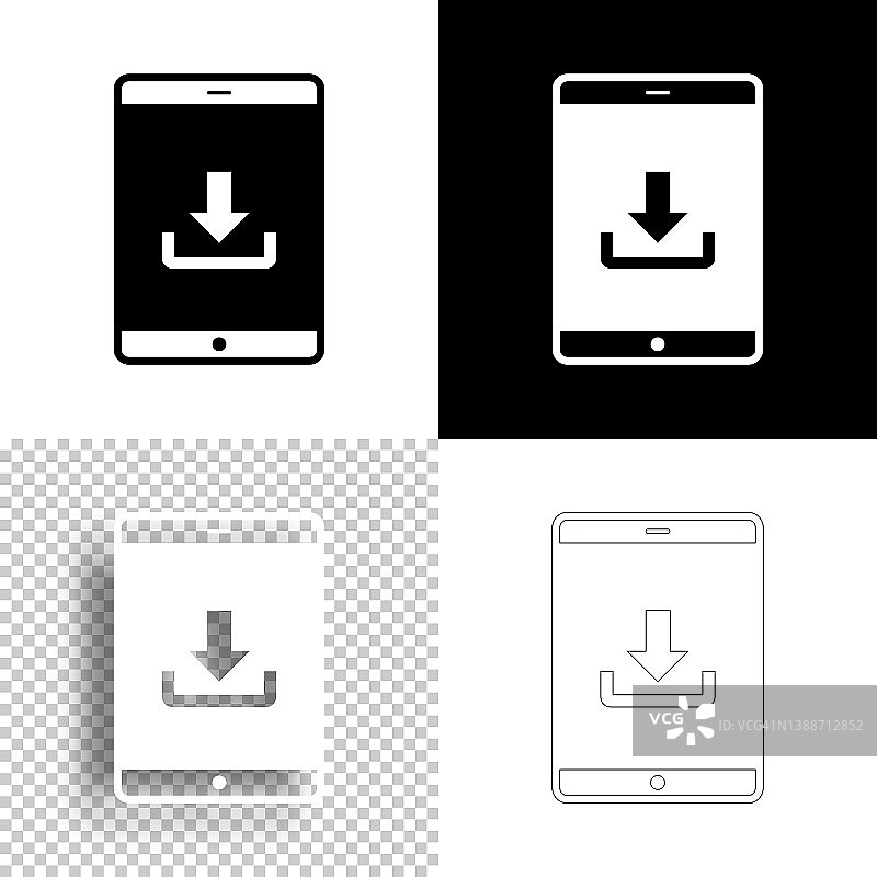 下载平板电脑。图标设计。空白，白色和黑色背景-线图标图片素材