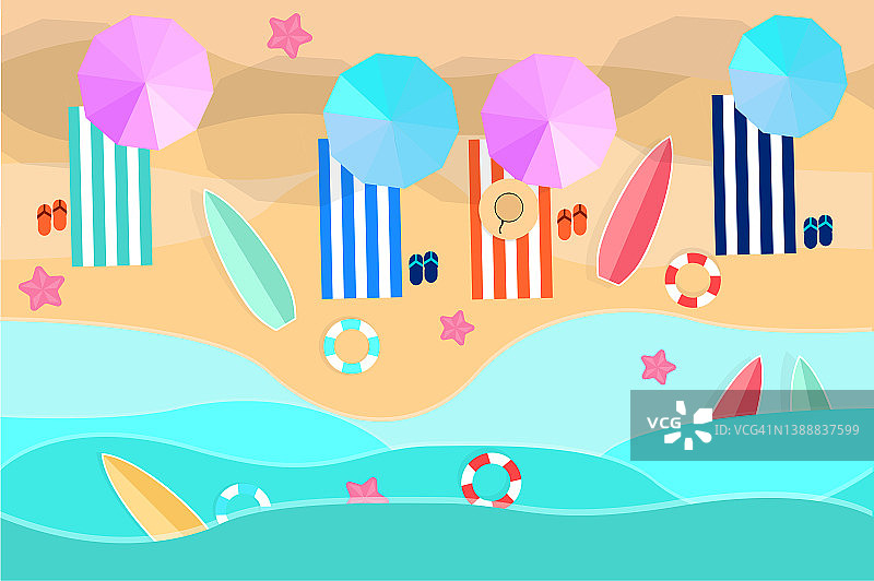 夏天的海滩有水伞、毛巾、海浪、救生圈、冲浪和海星度假图片素材