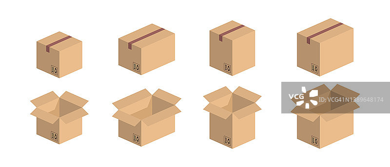 开箱和闭箱向量集。纸板盒模型。彩色纸箱包装盒插图图片素材