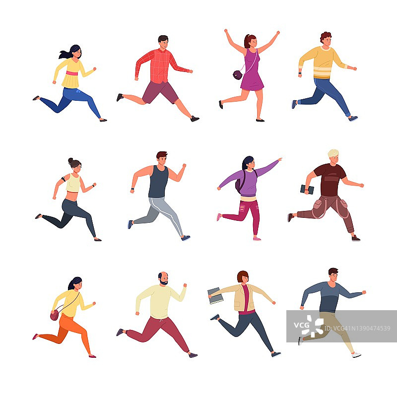 运行字符。卡通人物穿着休闲和运动服跑步和慢跑，匆忙的男女。向量组图片素材