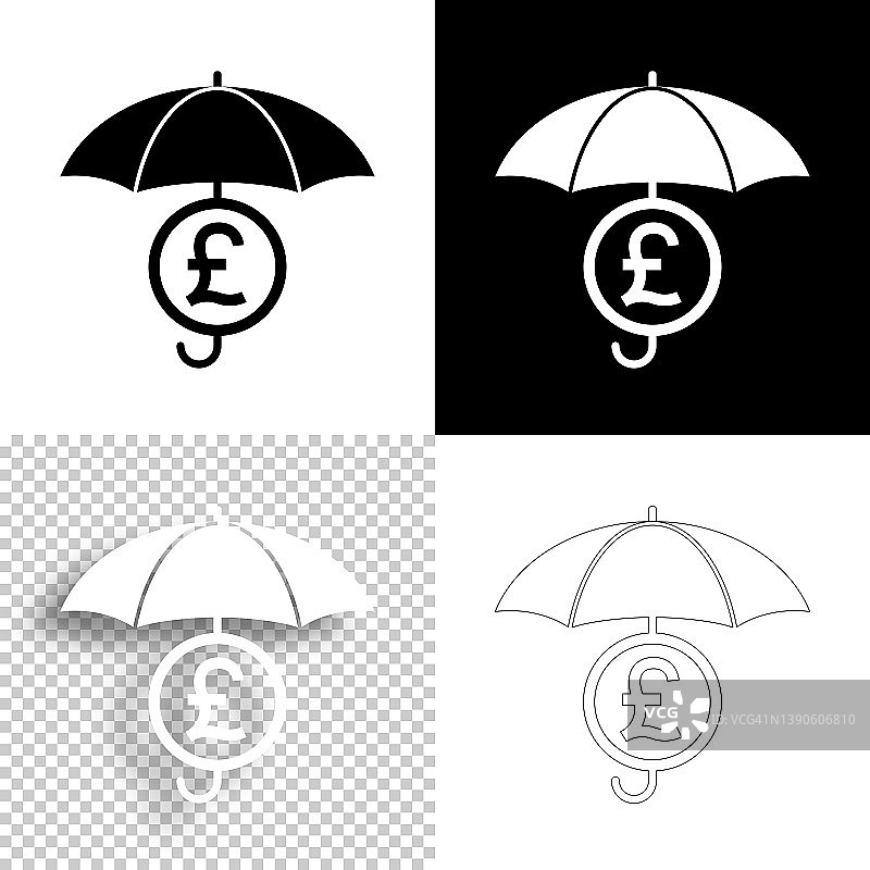 雨伞下的一英镑硬币。图标设计。空白，白色和黑色背景-线图标图片素材