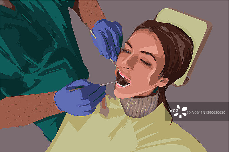 在每月的控制期间，无法辨认的牙医检查女性病人的嘴图片素材