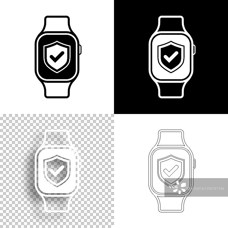 安全smartwatch。图标设计。空白，白色和黑色背景-线图标图片素材