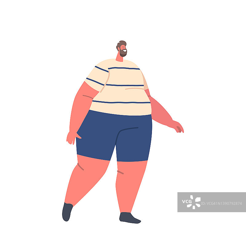 健康生活。肥胖的胖子穿着运动服，在白色的背景下踽踽独行。男人减肥图片素材