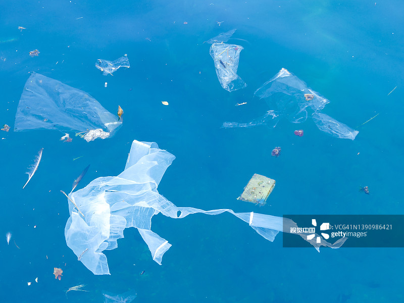 白色的塑料袋漂浮在蓝色的大海图片素材