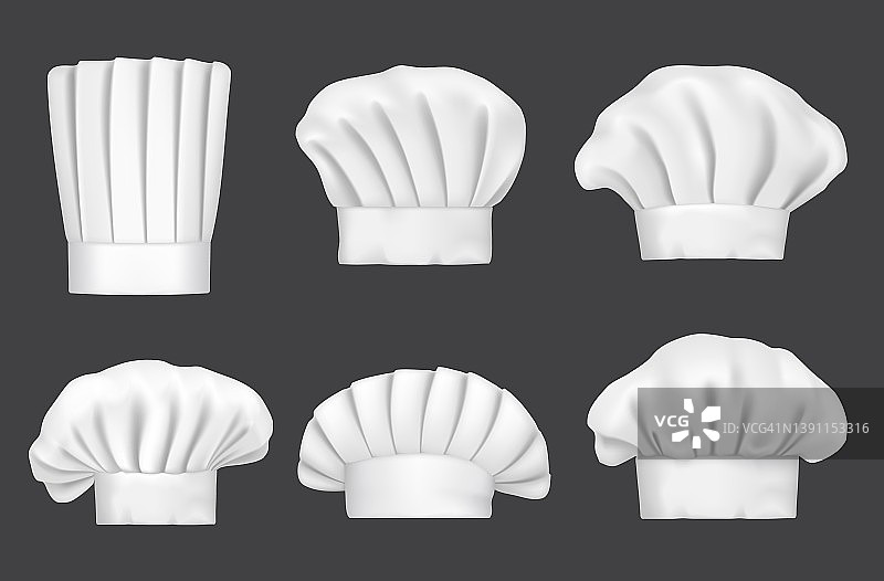 厨师帽，逼真的3D厨师帽和面包师帽图片素材