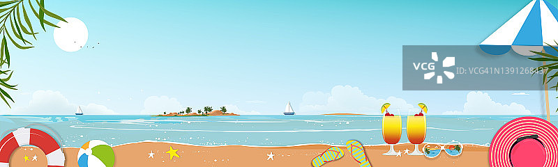 夏日墙背景与岛屿，海滩，蓝天和云在阳光明媚的日子，矢量宽旗帜背景度假度假主题与海景和椰子棕榈树的边界图片素材