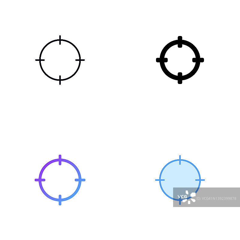 瞄准图标设计在四种风格与可编辑的笔画。线，实线，平线和颜色梯度线。适合网页，移动应用，UI, UX和GUI设计。图片素材