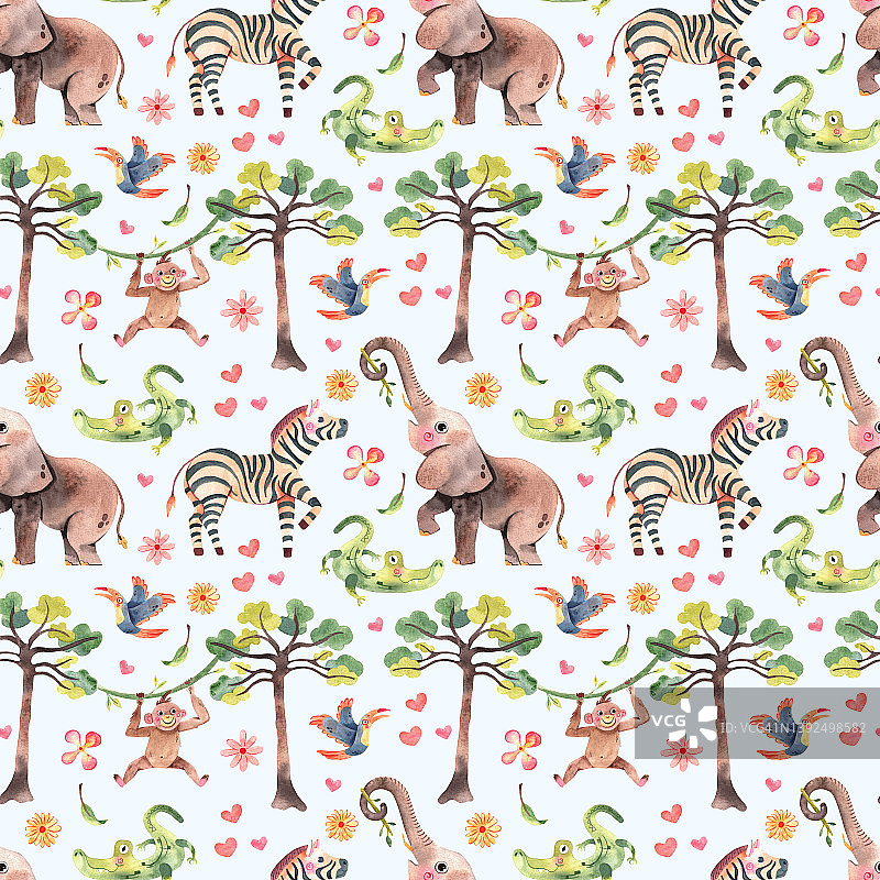可爱的婴儿丛林无缝图案的蓝色背景的孩子。水彩斑马，大象，巨嘴鸟，猴子动物图案完美的苗圃纺织品，壁纸。图片素材