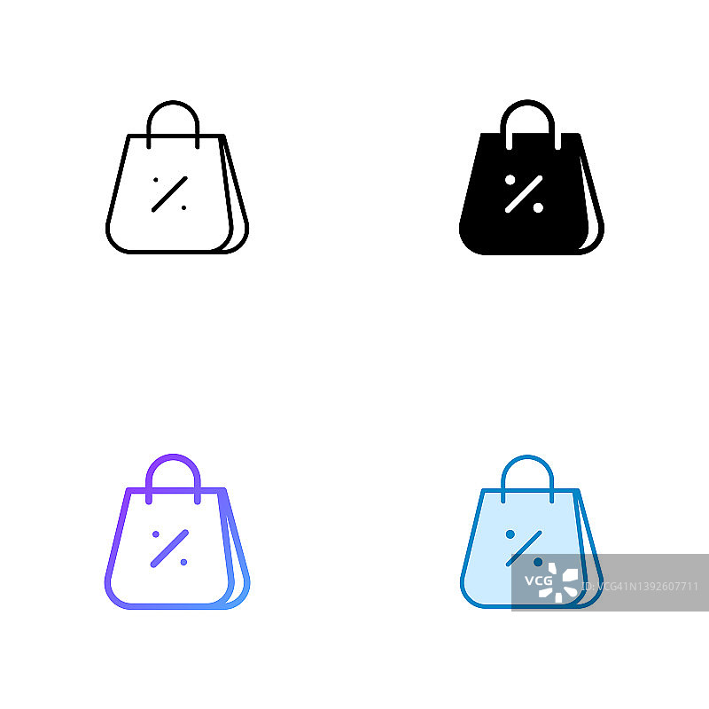 购物袋图标设计在四个风格与可编辑的笔画。线，实线，平线和颜色梯度线。适合网页，移动应用，UI, UX和GUI设计。图片素材