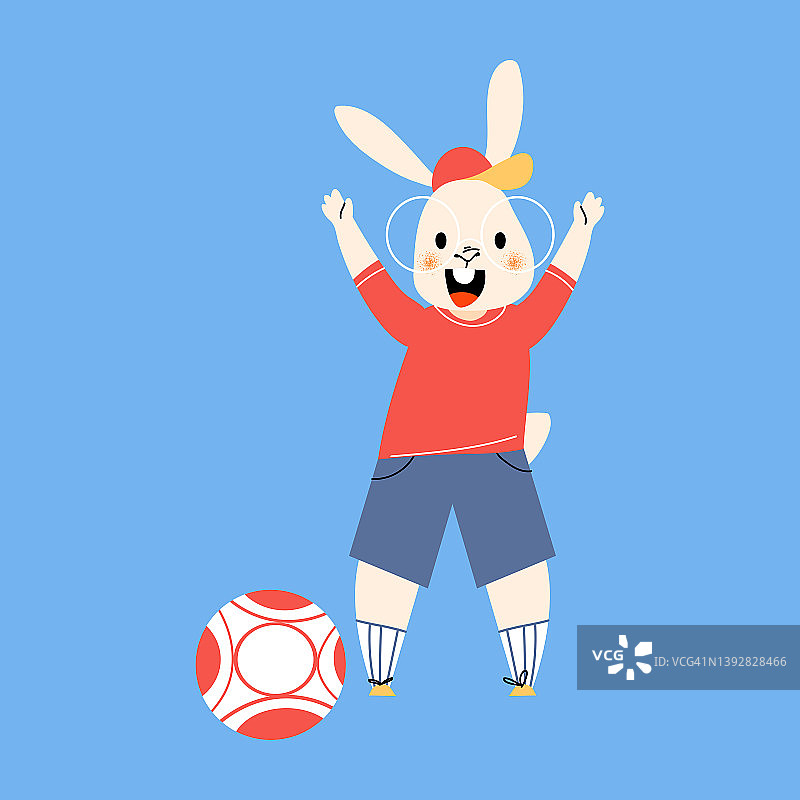 兔子在踢足球。可爱的足球动物吉祥物运动制服卡通矢量插图图片素材