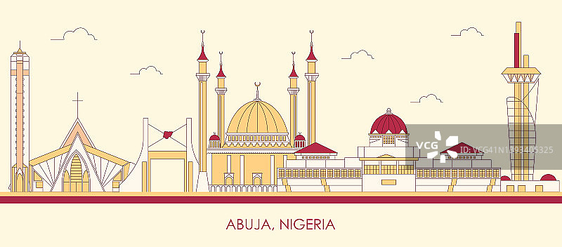 尼日利亚阿布贾的卡通天际线全景图片素材