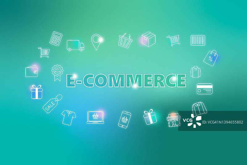 电子商务-电子商务网页横幅在绿松石背景。各种购物图标。图片素材