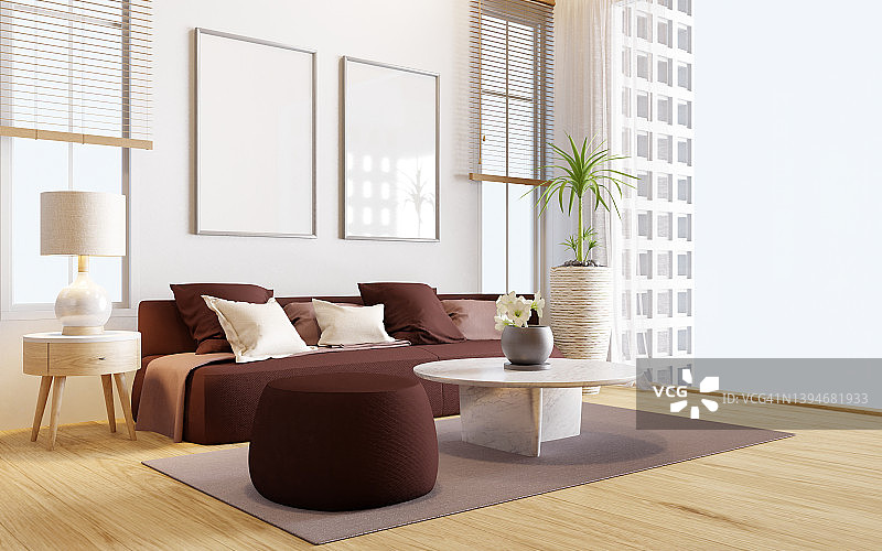 框架模拟客厅内部与沙发定褐色色调图片素材