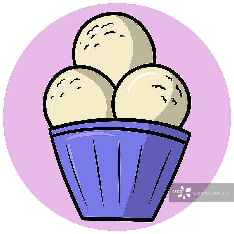 精致的甜冷甜点，香草冰淇淋在蓝色的玻璃，卡通矢量插图在粉红色的背景图片素材