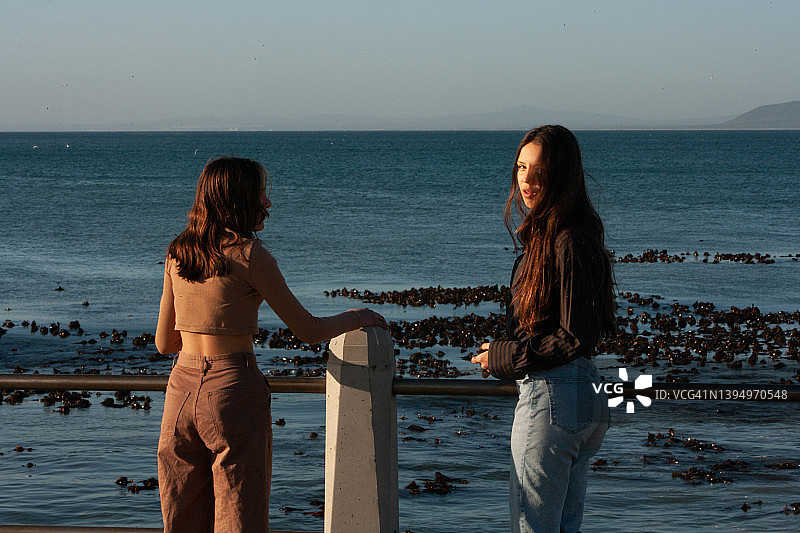 两个美丽的少女女友的后视图站在一边的栏杆在海洋与清澈的蓝天和水面上的地平线与一个女孩回头看面对相机图片素材