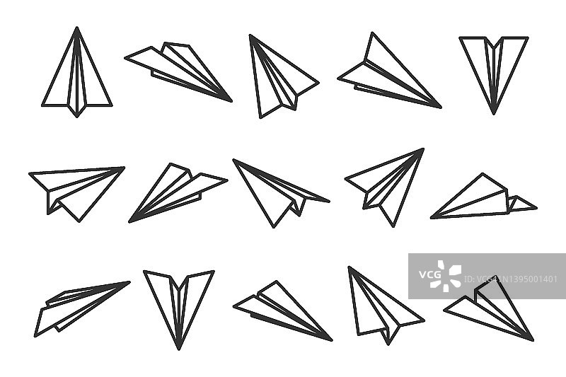各种手绘纸飞机。黑色涂鸦飞机。飞机图标，简单的单色飞机轮廓。轮廓,线条艺术。矢量插图。图片素材