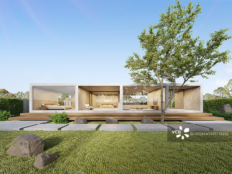 3d渲染白色豪华混凝土房子与草坪花园，现代建筑设计。图片素材