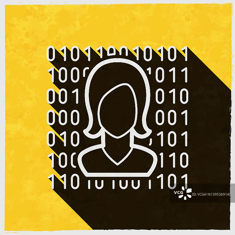 女性脸上带有二进制代码。图标与长阴影的纹理黄色背景图片素材