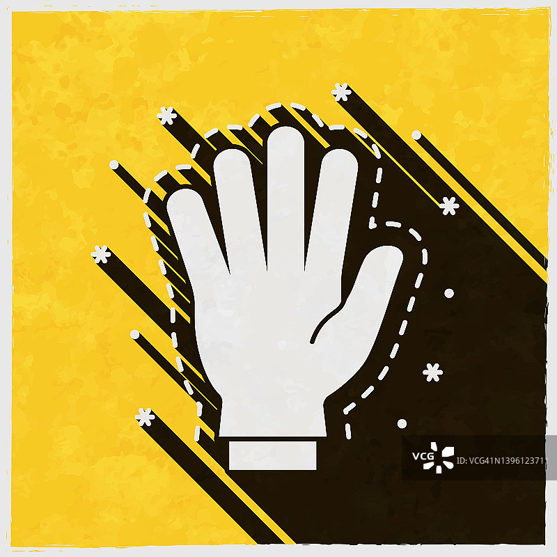 橡胶手套-预防COVID-19感染。图标与长阴影的纹理黄色背景图片素材