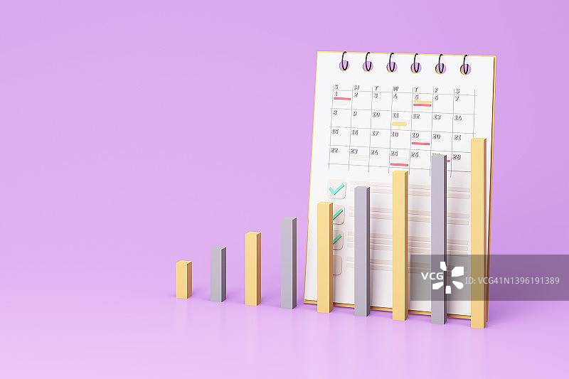 条形图显示了相应的逐渐增加的统计数据。显示每月的营业额，并有一个详细的日历上紫色的背景。逼真的3 d渲染图片素材