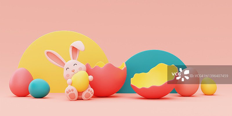 复活节兔子用五颜六色的复活节彩蛋，复活节节日快乐的概念。最小的风格,3 d渲染。图片素材