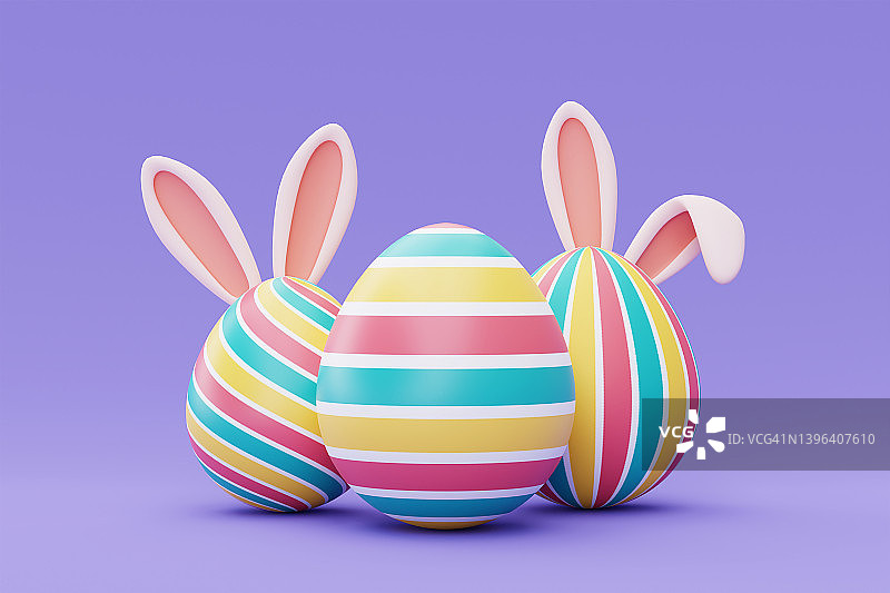 彩色的复活节彩蛋与兔子耳朵上的紫色背景，快乐的复活节节日概念。最小的风格,3 d渲染。图片素材