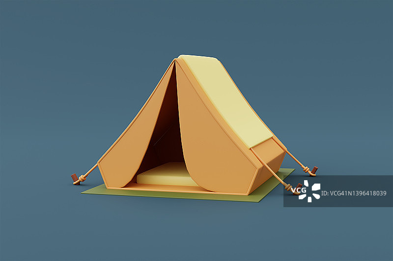 3d渲染露营帐篷孤立在蓝色背景，露营设备，假期度假概念。最小的风格。图片素材