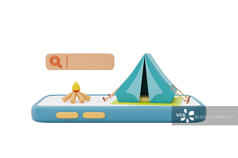智能手机上的游客露营帐篷和篝火，夏令营概念，3d渲染。图片素材